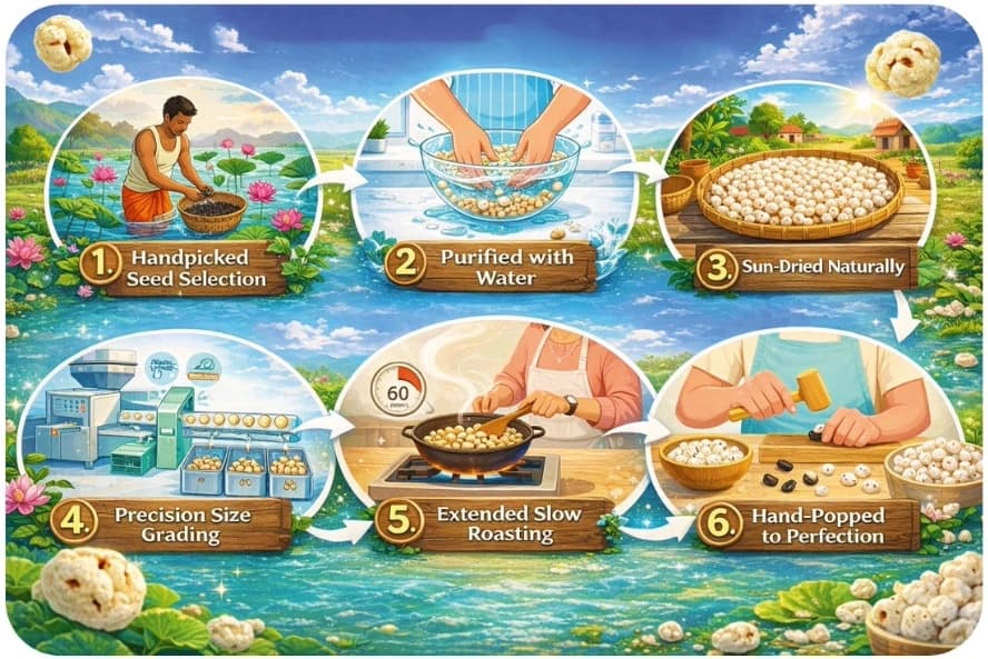 How Real Makhana Is Made - 6 Step Traditional Artisan Process from Lotus Pond to Pop