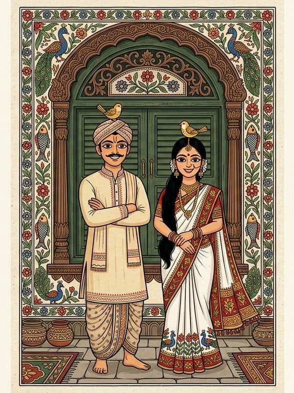 Traditional Indian Couple in Madhubani Art with Birds and Green Shutter Window
