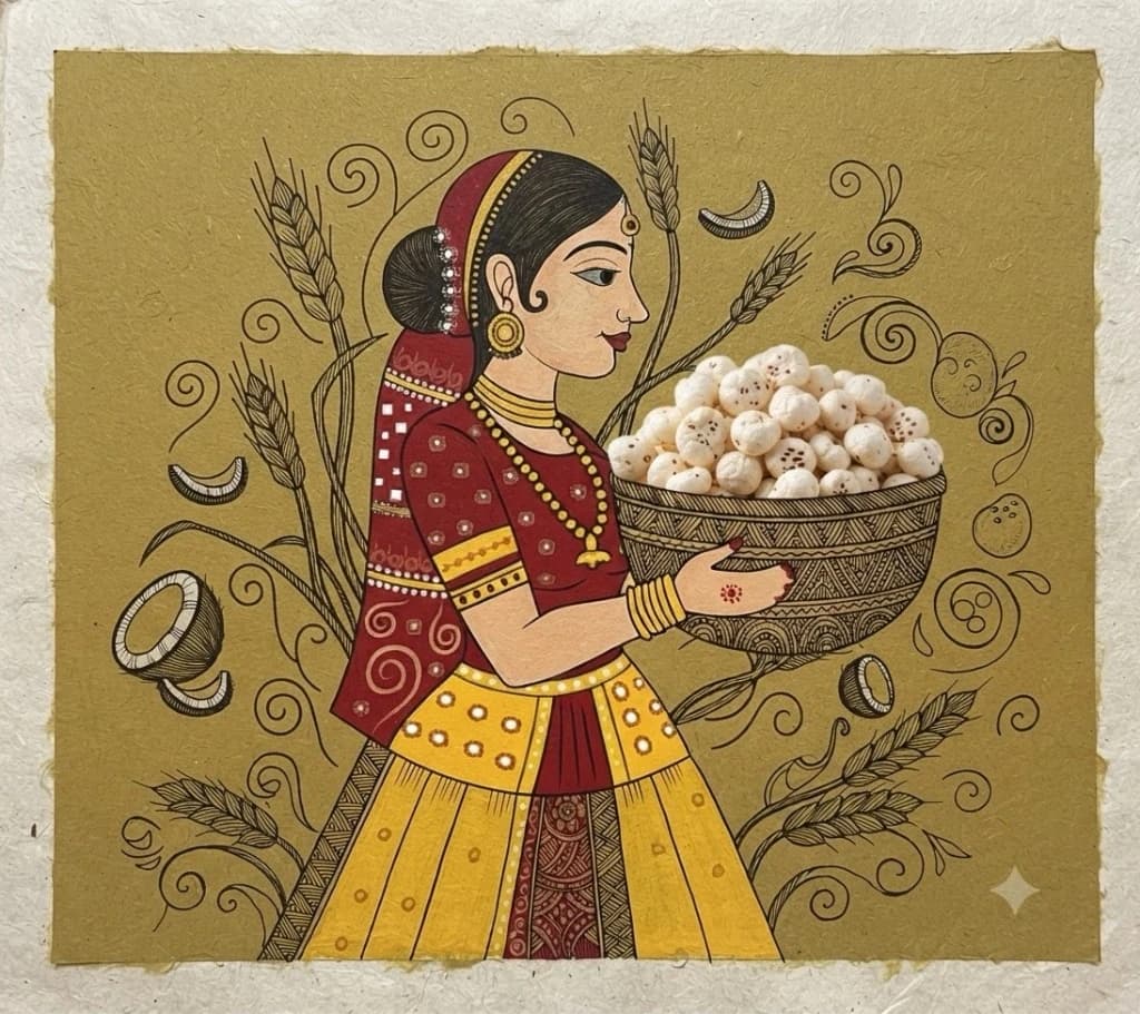 Traditional Indian Madhubani art depicting lotus pond makhana harvesting